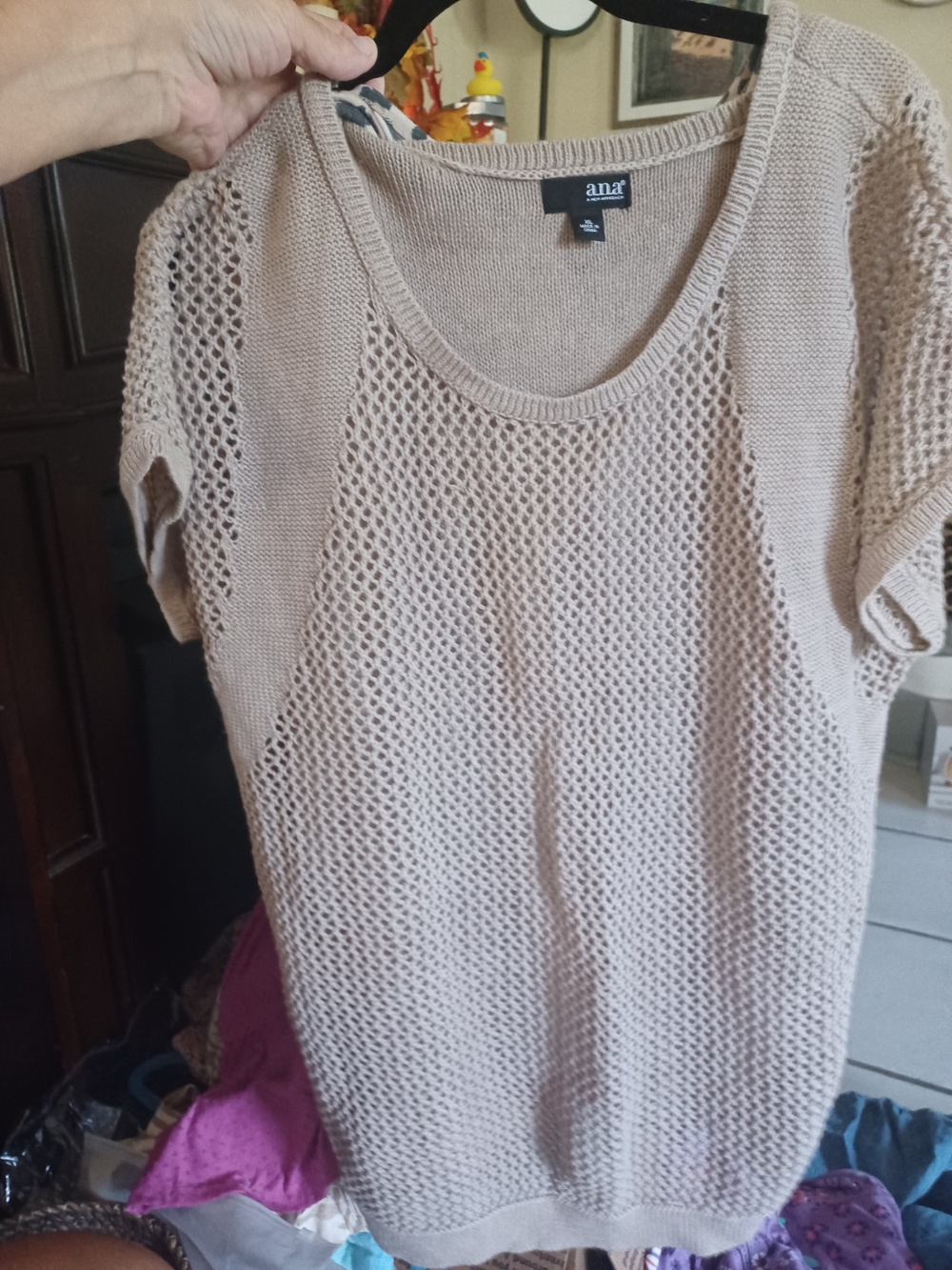 a.n.a Open Weave Scoop Neck Short Sleeve Sweater - Taupe